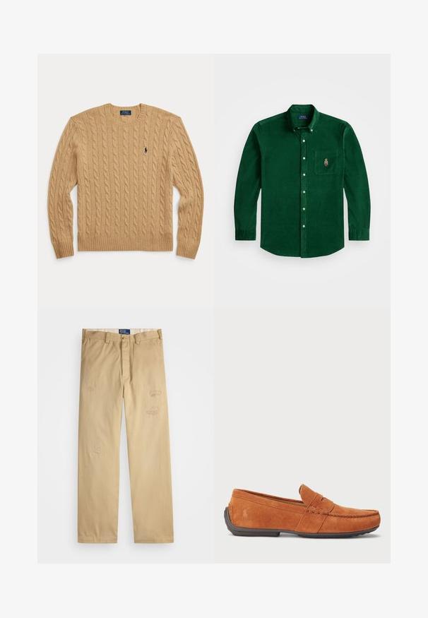 Garo aušanai adīts džemperis gaiši beidz. Iezīmējas ar ribotiem piedurknēm un apakšmalu, apaļu kakla izgriezumu un mazu tumši zilu logo uz krūškurvja. Mīksta vilnas maisījuma audums.; Polo Ralph Lauren CUSTOM FIT POLO BEAR CORDUROY SHIRT - Krekls - new forest; Beige kokvilnas bikses ar taisnu piegriezumu. Iezīmēts ar izsistiem laukumiem un izšuvumiem priekšpusē. Klasiska pogu un rāvējslēdzēja aizdare.; Brūni zamša mokasīni ar mokasīnu dizainu, ar izšūtu priekšdaļu, slip-on stilu un gumijas zoli, kas nodrošina saķeri.