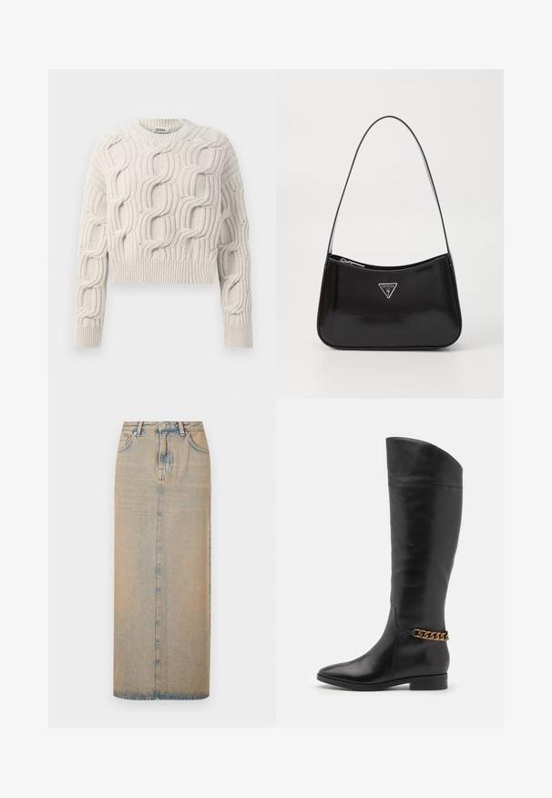 Ecrufarbener, grob gestrickter Pullover mit strukturierten Zopfmuster, langen Ärmeln, Rundhalsausschnitt und gerippten Bündchen und Saum.; Ein langer Jeansrock in Hellblau mit geradem Schnitt. Verfügt über fünf Taschen, Gürtelschlaufen und eine vordere Knopfleiste. Geblichtextur über die gesamte Fläche.; Hohe schwarze Lederstiefel mit elegantem Design, spitzer Zehe und einem goldenen Kettenakzent am Knöchel. Tiefer Blockabsatz. Glatte Textur.; Schwarze patentierte Leder-Schultertasche mit geschwungener Form, ausgestattet mit einem silbernen Dreieckslogo und einem Reißverschluss. Glatte Textur und schmaler Riemen.