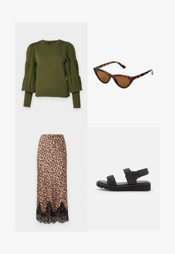ONLY ONLMELITA O NECK - Svetrík - winter moss; Midi sukňa s leopardím vzorom vyrobená z hladkej tkaniny, s čiernym čipkovým lemom, s áčkovým strihom a úzkym pásom.; Čierne platformové sandále s prešívanými popruhmi, otvorenou špičkou a nastaviteľným popruhom na členku. Textúrovaná gumová podrážka so zigzagovým vzorom pre lepšiu priľnavosť.; Mačacie slnečné okuliare s čiernym a oranžovým želvovinovým rámom, hnedými sklami a elegantnými, špicatými koncami. Obsahujú minimalistické logo na spánku.