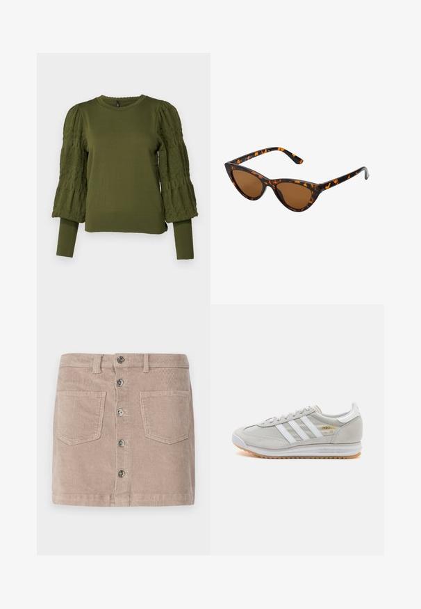 ONLY ONLMELITA O NECK - Svetr - winter moss; ONLY ONLAMAZING HW LIFE PNT N - Minisukně - goat; Světlé šedé tenisky vyrobené z semiše a síťoviny, se třemi bílými pruhy, kulatou špičkou a gumovou podrážkou. Zlatý logo akcent u šněrování.; Sluneční brýle ve stylu kočičích očí s černo-oranžovým želvovinovým rámem, hnědými skly a elegantními, špičatými konci. Obsahují minimalistické logo na straně.