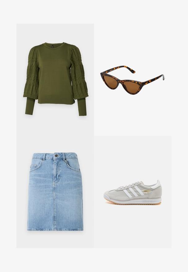 ONLY ONLMELITA O NECK - Pulover - winter moss; Svetlo modra denim krila z ravnim krojem, vsebuje sprednje žepe in gumbasto zapiranje. Ima teksturirano površino z minimalnim bledenjem.; Svetlo sivi tenisice od antilopa i mrežaste tkanine, s tri bijele pruge, okruglim vrhom i gumenim potplatom. Zlatni logo akcent blizu vezica.; Mačje oči sončna očala z okvirom v črno-oranžni želvej ohišji, rjavimi lečami in elegantnimi, ostrimi konicami. Imajo minimalistični logo na ročaju.
