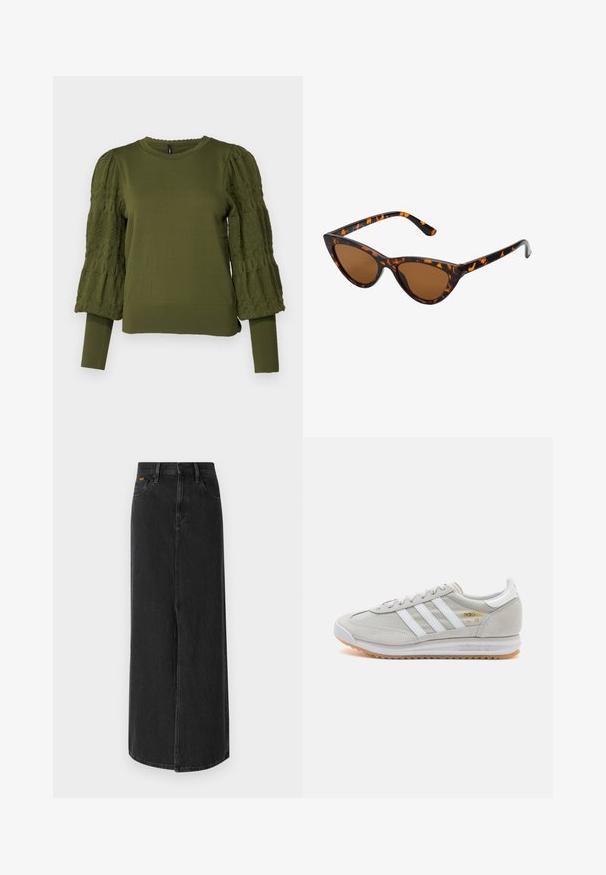 ONLY ONLMELITA O NECK - Pulóver - winter moss; Fekete farmer maxi szoknya egyenes szabással, ötpocket dizájnnal és elöl hasítékkal. Gombos záródás és diszkrét varrási részletek jellemzik.; Világosszürke sportcipő velúr és hálós anyagból, három fehér csíkkal, kerek orral és gumi talppal. Arany logó dísz a fűzők közelében.; Cica szemüveg fekete és narancssárga teknőc pánttal, barna lencsékkel és sima, hegyes végekkel. A templomán egy minimalista logó található.; Ezüst karika fülbevalók csavart kialakítással, fényes felülettel és fülbevaló tűzáras zárással. Átmérőjük körülbelül 3 cm.