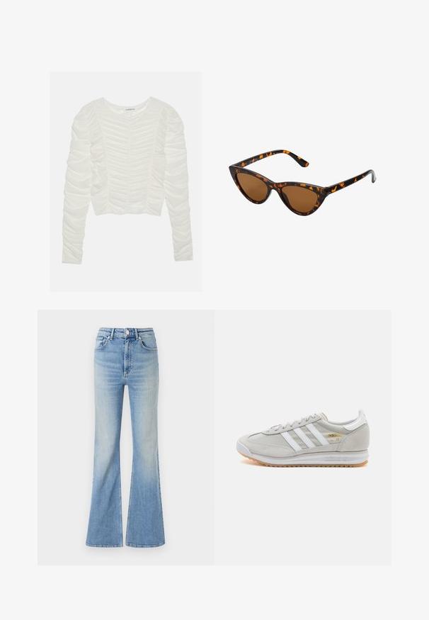 ONLY ONLMELITA O NECK - Strikkegenser - winter moss; Langermet hvit topp med samlet stoffdetaljering, rund hals og figurnært design. Mykt, teksturert materiale med rynker langs ermene.; Lyseblå flared jeans laget av denim, med høy midje, fem lommer og subtil gradient fading mot kanten.; Lys grå sneaker laget av semsket skinn og mesh, med tre hvite striper, rund tå og såle av gummi. Gull logo-aksent nær snørebåndene.; Kattøye solbriller med en svart og oransje skjellramme, brune linser og elegante, spisse tupper. Har en minimalistisk logo på stangen.