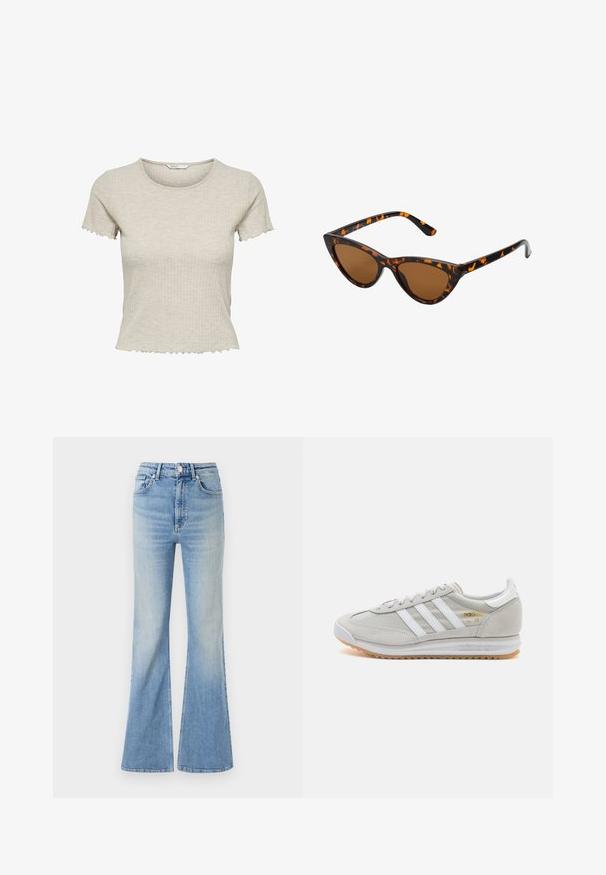 ONLY ONLMELITA O NECK - Strikkegenser - winter moss; Beige ribbet kortermet t-skjorte med en tilpasset fasong og bølget buksekanter, med rund hals og myk tekstur.; Lyseblå flared jeans laget av denim, med høy midje, fem lommer og subtil gradient fading mot kanten.; Lys grå sneaker laget av semsket skinn og mesh, med tre hvite striper, rund tå og såle av gummi. Gull logo-aksent nær snørebåndene.; Kattøye solbriller med en svart og oransje skjellramme, brune linser og elegante, spisse tupper. Har en minimalistisk logo på stangen.