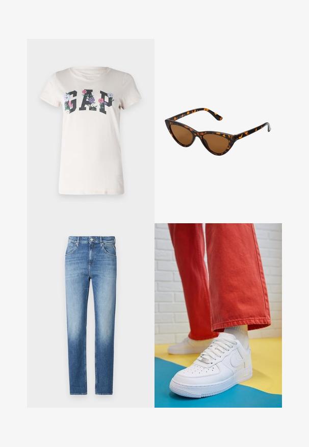 ONLY ONLMELITA O NECK - Strickpullover - winter moss; Cremfarbendes Baumwoll-T-Shirt mit dem Wort "GAP" in fetten schwarzen Buchstaben, umgeben von bunten Blumenmotiven. Kurze Ärmel und Rundhalsausschnitt.; Hellblaue Denim-Jeans mit geradem Schnitt, verwaschenem Look, fünf Taschen und einem Knopfverschluss an der Taille. Auffälliges Steppdetail.; Weiße Leder-Sneaker mit perforiertem Zehenbereich, strukturiertem Sohlen und weißen Schnürsenkeln, kombiniert mit weiten roten Hosen und einem blauen und gelben Hintergrund.; Katzenaugen-Sonnenbrille mit einem schwarz-orangenen Schildpattrahmen, braunen Gläsern und schlanken, spitzen Enden. Verfügt über ein minimalistisches Logo am Bügel.