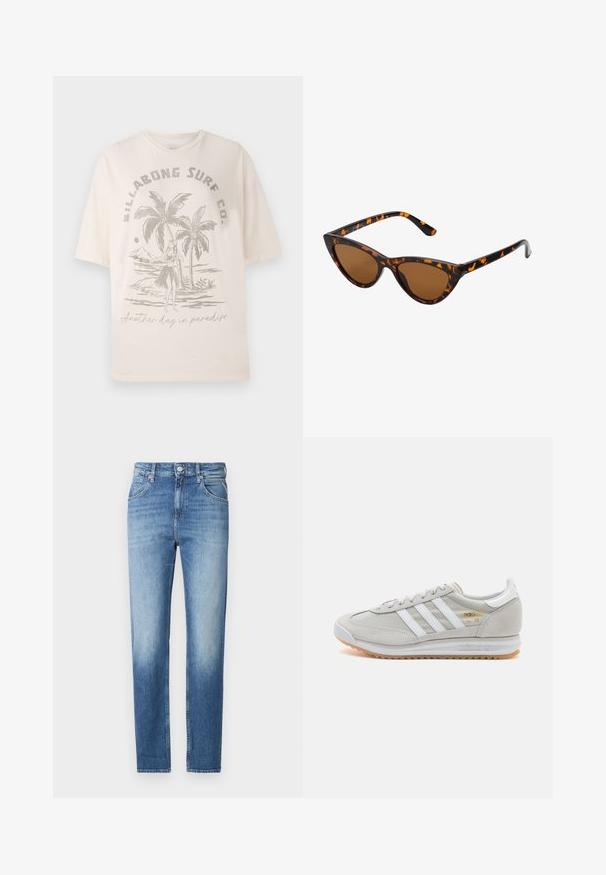 ONLY ONLMELITA O NECK - Trui - winter moss; Crème-kleurig katoenen t-shirt met korte mouwen, voorzien van een graphic van palmbomen en een figuur op de voorkant, met de tekst "Nog een dag in het paradijs."; Lichtblauwe spijkerbroek met een rechte fit, vervaagde textuur, vijf zakken en een knoopsluiting aan de taille. Kenmerkende stiksel-details.; Lichtgrijze sneaker van suede en mesh, met drie witte strepen, ronde neus en een gumrubberen zool. Gouden logo-accent bij de veters.; Cat-eye zonnebril met een zwart en oranje schildpadframe, bruine lenzen en slanke, puntige uiteinden. Bevat een minimalistisch logo op de poot.