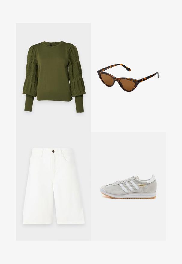 ONLY ONLMELITA O NECK - Svetrík - winter moss; Biele denims shorts s rovný strihom, päťpocketsovým dizajnom, predným zapínaním na gombík a jemnými švami. Hladká textúra.; Svetlosivé tenisky vyrobené z kože a sieťoviny, s tromi bielymi pruhmi, okrúhlou špičkou a gumovou podrážkou. Zlatý logový akcent pri šnúrkach.; Mačacie slnečné okuliare s čiernym a oranžovým želvovinovým rámom, hnedými sklami a elegantnými, špicatými koncami. Obsahujú minimalistické logo na spánku.