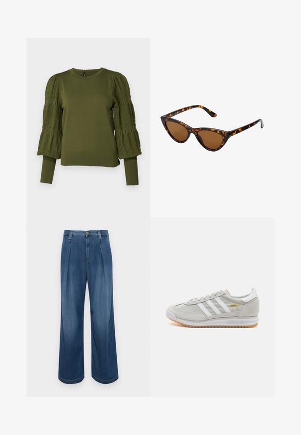 ONLY ONLMELITA O NECK - Vesta - winter moss; Hlače širokog kroja od denima u srednje plavoj boji. Sadrži zatvaranje na dugme, dva prednja nabora i kontrastne šavove. Mekana tekstura i glatka završna obrada.; Svijetlosivi tenisice od antilopa i mrežice, s tri bijele pruge, okruglim vrhom i gumenom potplatom. Zlatni logo akcent blizu vezica.; Sunglasses u obliku mačjih očiju s okvirom u crno-narančastom kornjačevom uzorku, smešnim lećama i elegatnim, šiljastim vrhovima. Sadrži minimalni logo na dršci.