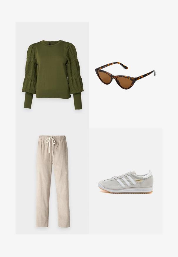ONLY ONLMELITA O NECK - Džemperis - winter moss; Šviesiai rudos kordūrinės kelnės su tiesiu sijonu, turinčios elastingą juosmenį ir reguliuojamą raištelį, minkšta tekstūra su vertikaliais dryžiais.; Šviesiai pilki sportbačiai, pagaminti iš zomšos ir tinklinės medžiagos, su trimis baltais dryžiais, apvaliu pirštu ir guma padu. Auksinė logotipo detalė šalia raištelių.; Katės akies saulės akiniai su juodu ir oranžiniu šarvuotu rėmeliu, ruda objektyvu ir elegantiškais, smailiais galiukais. Rėmelyje yra minimalus logotipas ant šventės.