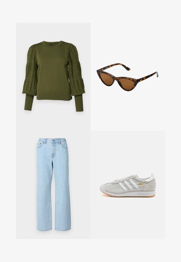 ONLY ONLMELITA O NECK - Pulover - winter moss; Jeans din denim albastru deschis, cu picioare largi, cinci buzunare, închidere cu buton și loop-uri pentru curea. Au o textură moale cu zone ușor decolorate.; Tenis light grey din suede și plasă, cu trei dungi albe, vârf rotund și o talpă din cauciuc gumă. Accente de logo aurii lângă șireturi.; Ochelari de soare în stil cat-eye, cu o ramă din material cu tortoiseshell negru și portocalie, lentile maro și vârfuri elegante, ascuțite. Prezintă un logo minimal pe brățara ochelarilor.