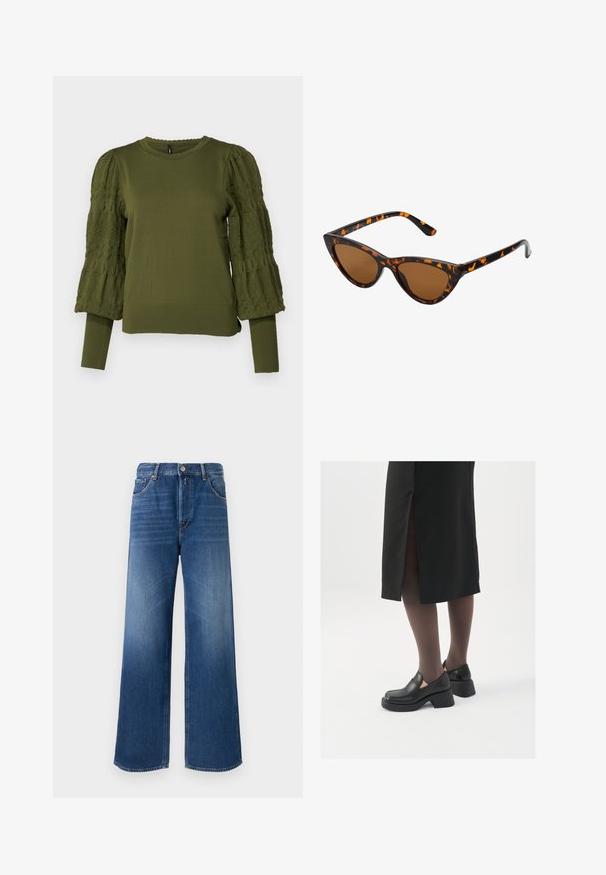 ONLY ONLMELITA O NECK - Vesta - winter moss; Jeans širokih nogavica u srednje plavoj boji, s dizajnom od pet džepova, kopčanjem na dugme i suptilnim izbljeđivanjem na bedrima za dodatnu teksturu.; Crne kožne cipele s zaobljenim vrhom, debelim blok petama i elastičnim bočnim detaljima, uparene s tamnim čarapama i crnom suknjom s prorezom.; Sunglasses u obliku mačjih očiju s okvirom u crno-narančastom kornjačevom uzorku, smešnim lećama i elegatnim, šiljastim vrhovima. Sadrži minimalni logo na dršci.; Srebrne okrugle naušnice s minimalističkim dizajnom. Kružni oblik, glatka tekstura i tanak profil. Lagane s poliranim završetkom.