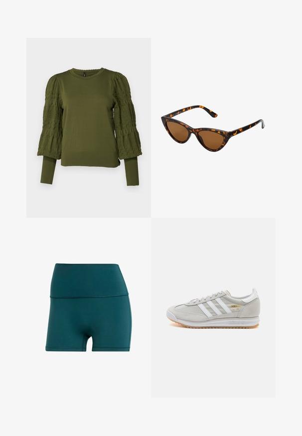 ONLY ONLMELITA O NECK - Strickpullover - winter moss; Türkisfarbene Sportshorts aus glattem, dehnbarem Material. Hoher Bund mit flachen Nähten, ausgestattet mit einem figurbetonten Design und einer Länge bis zur Mitte des Oberschenkels.; Hellgraue Sneaker aus Wildleder und Mesh, mit drei weißen Streifen, runder Zehenpartie und einer Sohle aus Gummi. Goldenes Logo-Detail nahe der Schnürsenkel.; Katzenaugen-Sonnenbrille mit einem schwarz-orangenen Schildpattrahmen, braunen Gläsern und schlanken, spitzen Enden. Verfügt über ein minimalistisches Logo am Bügel.