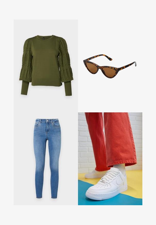 ONLY ONLMELITA O NECK - Jersey de punto - winter moss; Pantalones vaqueros ajustados de denim azul claro, con remaches decorativos en la zona del bolsillo delantero y un dobladillo deshilachado en el tobillo.; Zapatilla de cuero blanco con caja de dedos perforada, suela texturizada y cordones blancos, combinada con pantalones rojos amplios y un fondo azul y amarillo.; Gafas de sol estilo ojo de gato con montura de carey negra y naranja, lentes marrones y puntas elegantes y afiladas. Presenta un logo minimalista en la patilla.