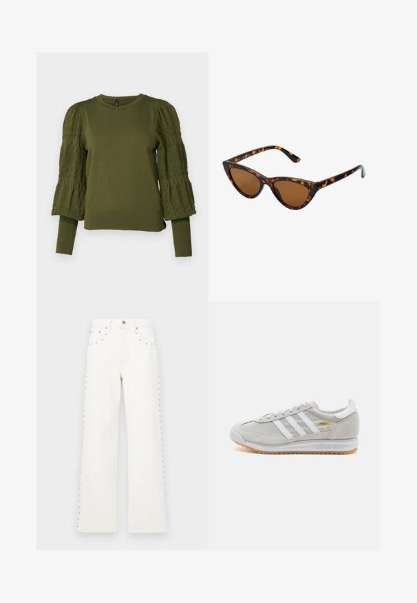 ONLY ONLMELITA khaki; Białe dżinsy typu wide-leg z detalami w postaci nitów wzdłuż boków oraz z przodem na guziki. Wzmocnione kieszenie i klasyczny krój.; Jasnoszare sneakersy wykonane z zamszu i siateczki, z trzema białymi paskami, okrągłym noskiem i gumową podeszwą. Złoty akcent logo w pobliżu sznurowadeł.; Okulary przeciwsłoneczne w kształcie kocich oczu z czarno-pomarańczową oprawą w deseń żółwia, brązowymi soczewkami i eleganckimi, spiczastymi końcówkami. Posiadają minimalistyczne logo na zauszniku.