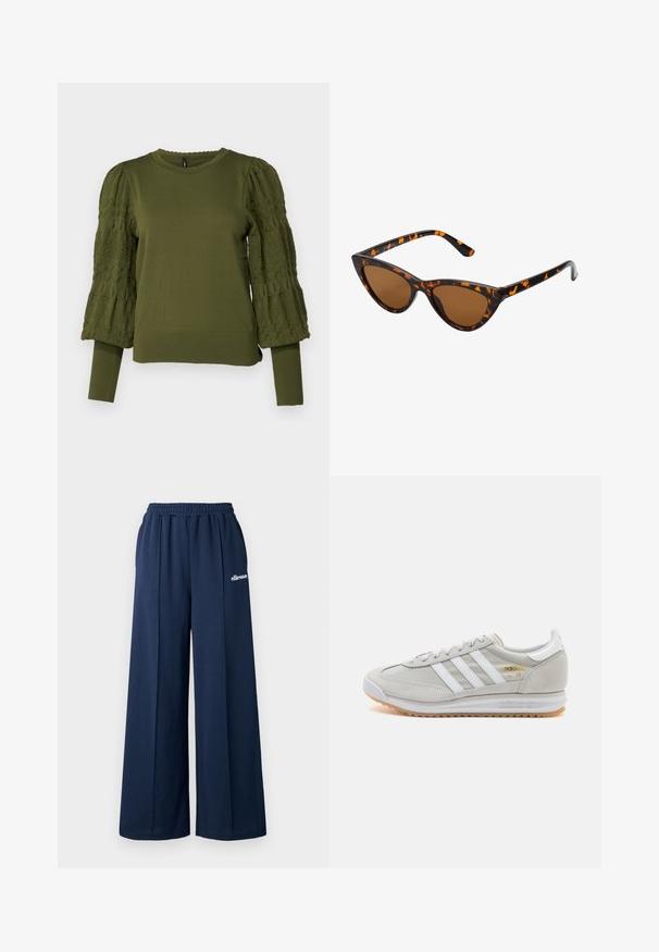 ONLY ONLMELITA O NECK - Camisola - winter moss; Calças de jogging largas em azul-marinho com uma cintura elástica e bolsos laterais. Apresenta um logótipo branco na coxa esquerda. Textura de tecido suave.; Sapatilha cinza clara feita de camurça e malha, com três riscas brancas, bico redondo e sola de borracha de goma. Detalhe do logótipo dourado junto aos atacadores.; Óculos de sol estilo gato com uma armação em tartaruga preta e laranja, lentes castanhas e pontas elegantes e pontiagudas. Apresenta um logo minimalista na haste.