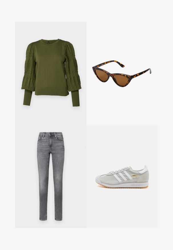 ONLY ONLMELITA O NECK - Svetrík - winter moss; Šedé denimové džínsy so štíhlym strihom, ktoré majú päť vreciek, zapínanie na gombík, jemné vyblednutie a hladkú textúru.; Svetlosivé tenisky vyrobené z kože a sieťoviny, s tromi bielymi pruhmi, okrúhlou špičkou a gumovou podrážkou. Zlatý logový akcent pri šnúrkach.; Mačacie slnečné okuliare s čiernym a oranžovým želvovinovým rámom, hnedými sklami a elegantnými, špicatými koncami. Obsahujú minimalistické logo na spánku.