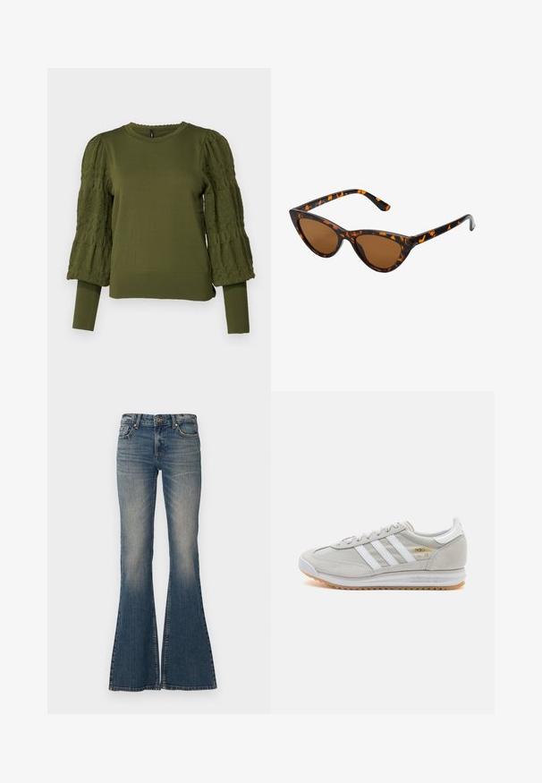 ONLY ONLMELITA O NECK - Strickpullover - winter moss; Ausgestellt geschnittene blaue Jeans aus Denim mit Knopfverschluss, fünf Taschen, einem ausgewaschenen Finish und weitem Beinabschluss.; Hellgraue Sneaker aus Wildleder und Mesh, mit drei weißen Streifen, runder Zehenpartie und einer Sohle aus Gummi. Goldenes Logo-Detail nahe der Schnürsenkel.;  Katzenaugen-Sonnenbrille mit einem schwarz-orangenen Schildpattrahmen, braunen Gläsern und schlanken, spitzen Enden. Verfügt über ein minimalistisches Logo am Bügel.