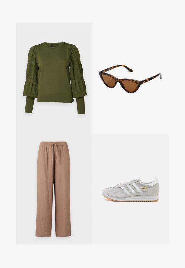 ONLY ONLMELITA O NECK - Trui - winter moss; Lichtbruine linnen broek met brede pijpen, elastische tailleband en trekkoord. Kenmerkt zich door een soepele textuur en een enkellange snit.; Lichtgrijze sneaker van suede en mesh, met drie witte strepen, ronde neus en een gumrubberen zool. Gouden logo-accent bij de veters.; Cat-eye zonnebril met een zwart en oranje schildpadframe, bruine lenzen en slanke, puntige uiteinden. Bevat een minimalistisch logo op de poot.