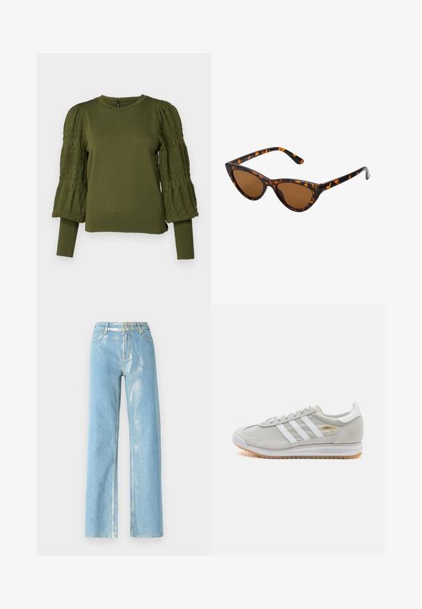 ONLY ONLMELITA O NECK - Pulover - winter moss; Svetlo modri široki traper hlače s sijočimi detajli, ki imajo visok pas, gumbasto zapiranje in vidno šivanje. Gladka tekstura denima.; Svetlo sivi tenisice od antilopa i mrežaste tkanine, s tri bijele pruge, okruglim vrhom i gumenim potplatom. Zlatni logo akcent blizu vezica.; Mačje oči sončna očala z okvirom v črno-oranžni želvej ohišji, rjavimi lečami in elegantnimi, ostrimi konicami. Imajo minimalistični logo na ročaju.