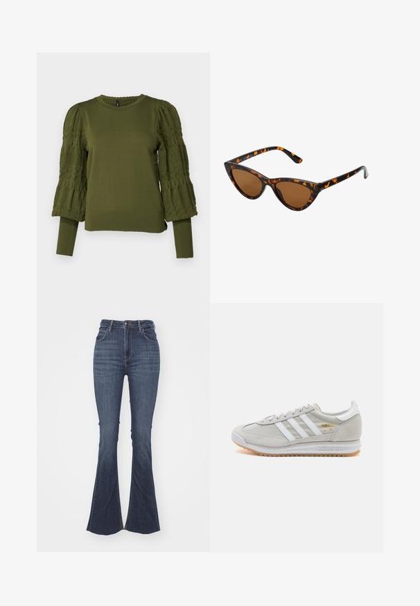 ONLY ONLMELITA O NECK - Neule - winter moss; Tummat siniset korkeavyötäröiset levenevät farkut, jotka on valmistettu denimistä. Niissä on etupainonappi, viisi taskua ja sileä, teksturoitu pinta.; Vaaleanharmaat sneakerit, jotka on valmistettu mokasta ja verkosta, sisältäen kolme valkoista raitaa, pyöreän kärjen ja kumisen pohjan. Kultainen logo yksityiskohta nauhojen läheisyydessä.; Kattöga solglasögon med en svart och orange sköldpaddsmönstrad båge, bruna linser och slanka, spetsiga spetsar. Har en minimal logotyp på skalmen.