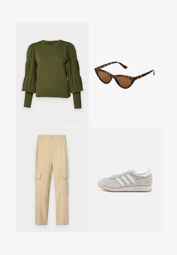 ONLY ONLMELITA O NECK - Pullover - winter moss; Pantalons cargo beige en tissu léger et froissé, avec une taille haute et deux poches latérales avec rabats sur les deux jambes.; Basket en cuir suédé et mesh gris clair, avec trois bandes blanches, bout rond et semelle en caoutchouc naturel. Accent logo doré près des lacets.; Lunettes de soleil style œil de chat avec une monture en écaille de tortue noire et orange, verres marron et pointes effilées et élégantes. Présente un logo minimaliste sur la branche.