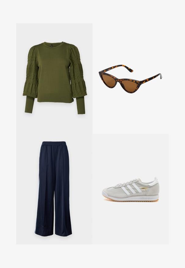 ONLY ONLMELITA O NECK - Camisola - winter moss; Calças largas de cor navy, feitas de um tecido suave; apresentam um cós elástico e painéis laterais de destaque em azul claro.; Sapatilha cinza clara feita de camurça e malha, com três riscas brancas, bico redondo e sola de borracha de goma. Detalhe do logótipo dourado junto aos atacadores.; Óculos de sol estilo gato com uma armação em tartaruga preta e laranja, lentes castanhas e pontas elegantes e pontiagudas. Apresenta um logo minimalista na haste.