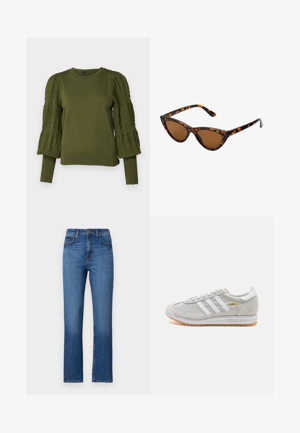 ONLY ONLMELITA O NECK - Pulover - winter moss; Modre traperice z ravnim krojem nogavic, visoko pasom, petimi žepi in subtilnim šivanjem ob šivih. Gladka tekstura.; Svetlo sivi tenisice od antilopa i mrežaste tkanine, s tri bijele pruge, okruglim vrhom i gumenim potplatom. Zlatni logo akcent blizu vezica.; Mačje oči sončna očala z okvirom v črno-oranžni želvej ohišji, rjavimi lečami in elegantnimi, ostrimi konicami. Imajo minimalistični logo na ročaju.
