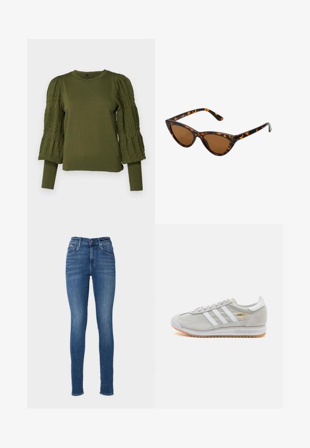 ONLY ONLMELITA O NECK - Jersey de punto - winter moss; Jeans ajustados de color azul fabricados en tela de mezclilla. Cuentan con una cintura alta, diseño de cinco bolsillos y cierre de botón metálico. Color sólido con ligero desvanecimiento.; Zapatilla de color gris claro hecha de ante y malla, con tres franjas blancas, punta redonda y suela de goma. Acento en logo dorado cerca de los cordones.; Gafas de sol estilo ojo de gato con montura de carey negra y naranja, lentes marrones y puntas elegantes y afiladas. Presenta un logo minimalista en la patilla.