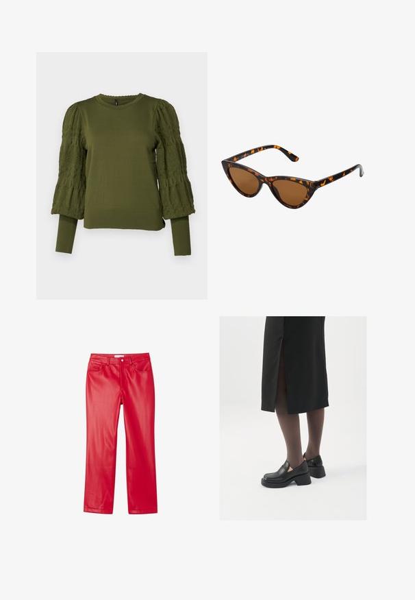 ONLY ONLMELITA O NECK - Vesta - winter moss; Crvene hlače od umjetne kože s elegantnim dizajnom, ravnim krojem, pet džepova i glatkom, sjajnom teksturom.; Crne kožne cipele s zaobljenim vrhom, debelim blok petama i elastičnim bočnim detaljima, uparene s tamnim čarapama i crnom suknjom s prorezom.; Sunglasses u obliku mačjih očiju s okvirom u crno-narančastom kornjačevom uzorku, smešnim lećama i elegatnim, šiljastim vrhovima. Sadrži minimalni logo na dršci.