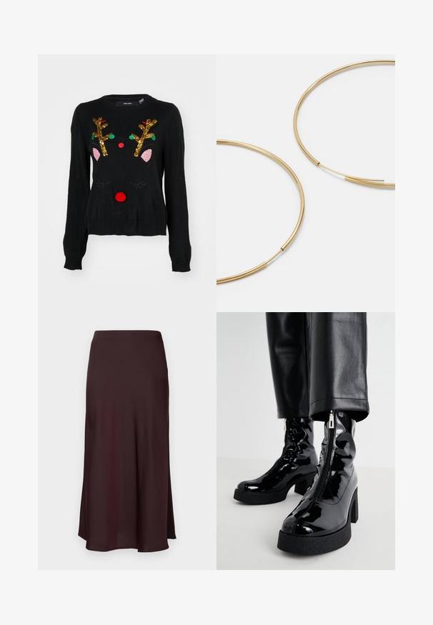 Mustapaita, jossa on poron kuviointi, kultaisista paljeteista tehdyt sarvet, vaaleanpunaiset korvat, punainen pom-pom-nenä sekä vihreät ja punaiset helmiripustukset.; Burgundy satiini midi-hame, jossa on sileä pinta, suora leikkaus ja hieman levenevä helma. Ei näkyviä kuvioita tai varusteita.; Musta patenttinahkaiset nilkkurit, joissa on muhkeat pohjat ja korko, sivuvetoketju ja sileä, kiiltävä pinta.; Kultaiset rengaskorvakorut, ohuet ja pyöreät, joissa on sileä metallipinta ilman koristeluja tai kuvioita.