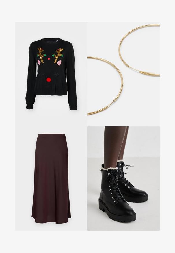 Černý svetr s motivem soba, zlatými flitrovými parohy, růžovými detaily na uších, červeným bambulovým nosem a zelenými a červenými korálky jako akcenty.; Burgundská saténová midi sukně s hladkou texturou, rovného střihu a mírně rozšířeným lemem. Bez viditelných vzorů či kovových detailů.; Černé šněrovací kotníkové boty s robustními podrážkami a bílým fleecovým podšívkou, které nosí osoba stojící na světlé podlaze.; Zlaté kruhové náušnice, tenké a kulaté, s hladkým kovovým povrchem a bez zdobení či vzorů.