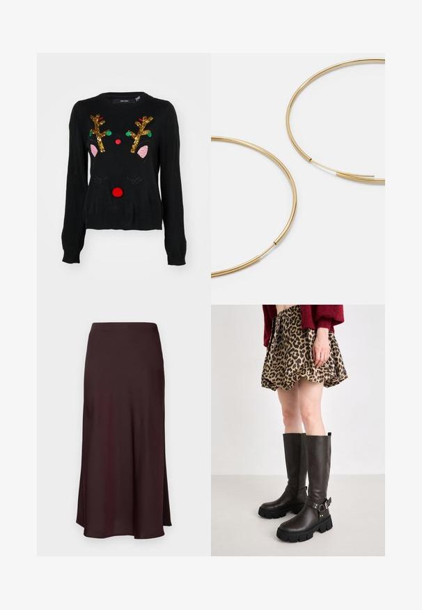 Mustaline, millel on põhjapõtrade kujundus, kullast pärlitega sarved, roosad kõrvad, punane pom-pom nina ning rohelised ja punased helmed.; Burgundia satiinist midi-seelik sujuva tekstuuriga, sirge lõikega ja veidi laieneva hemiga. Ei ole nähtavaid mustreid ega metallosi.; Pruunid nahast kuni põlveni ulatuvad saapad paksu musta platvormi tallaga, millel on spetsiaalne pandlaga detail, koos leopardimustriga seeliku vaatena.; Kulla värvi nõelad, õhukesed ja ümmargused, millel on sile metallist pind ja ilma kaunistuste või mustriteta.