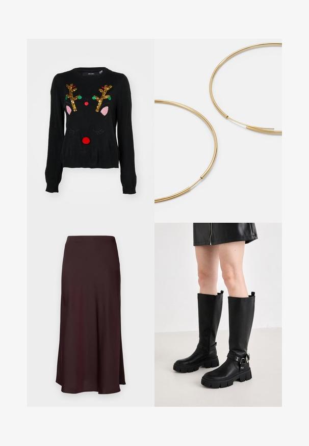 Mustaline, millel on põhjapõtrade kujundus, kullast pärlitega sarved, roosad kõrvad, punane pom-pom nina ning rohelised ja punased helmed.; Burgundia satiinist midi-seelik sujuva tekstuuriga, sirge lõikega ja veidi laieneva hemiga. Ei ole nähtavaid mustreid ega metallosi.; Even&Odd Platvormsaapad - black; Kulla värvi nõelad, õhukesed ja ümmargused, millel on sile metallist pind ja ilma kaunistuste või mustriteta.