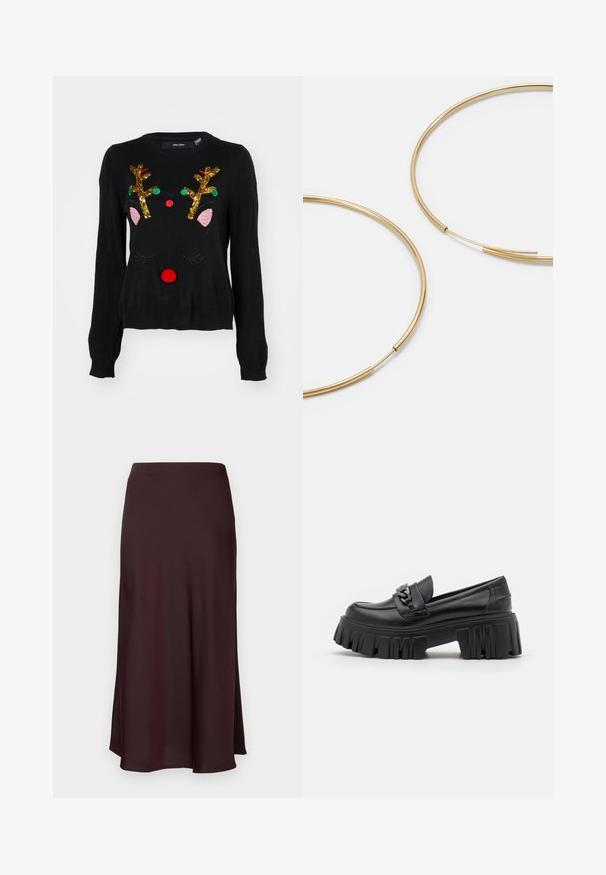 Suéter negro con un diseño de reno que cuenta con cuernos de lentejuelas doradas, detalles de orejas rosas, nariz de pom-pom roja y acentos de cuentas verdes y rojas.; Falda midi de satén burdeos con una textura suave, un ajuste recto y un dobladillo ligeramente acampanado. Sin patrones visibles ni detalles de hardware.; Buffalo LION LOAFER - Zapatos sin cordones - black; Pendientes de aro color dorado, delgados y redondos, con un acabado metálico suave y sin adornos ni patrones.