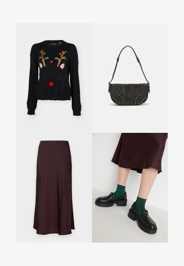Černý svetr s motivem soba, zlatými flitrovými parohy, růžovými detaily na uších, červeným bambulovým nosem a zelenými a červenými korálky jako akcenty.; Burgundská saténová midi sukně s hladkou texturou, rovného střihu a mírně rozšířeným lemem. Bez viditelných vzorů či kovových detailů.; Černé kožené mokasíny s robustními podrážkami, stříbrnými kovovými prvky a zelenými třpytivými ponožkami. Sukně je tmavě burgundská a až na zem.; Černá semišová kabelka s zakřiveným designem, zdobená nýty a texturovaným povrchem. Nastavitelný popruh s cvočkovými detaily podél okraje.