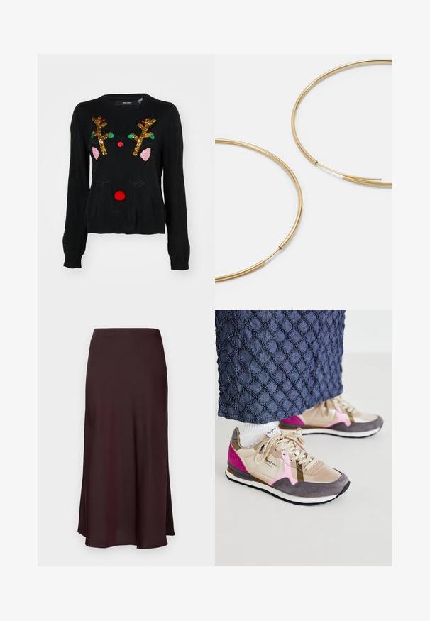 Czarny sweter z motywem renifera, z antylami pokrytymi złotymi cekinami, różowymi detalami na uszach, czerwonym nosem z pomponem oraz zielonymi i czerwonymi koralikami.; Burgundowa satynowa spódnica midi o gładkiej fakturze, prostym kroju i lekko rozkloszowanym dole. Bez widocznych wzorów ani elementów metalowych.; Sneakers w odcieniach beżu, szarości i różu charakteryzują się połączeniem gładkiej skóry i zamszu. Wyposażone w sznurowadła i kontrastującą białą podeszwę.; Złote kolczyki w kształcie cienkich okrągłych obręczy, o gładkim metalicznym wykończeniu, bez zdobień czy wzorów.