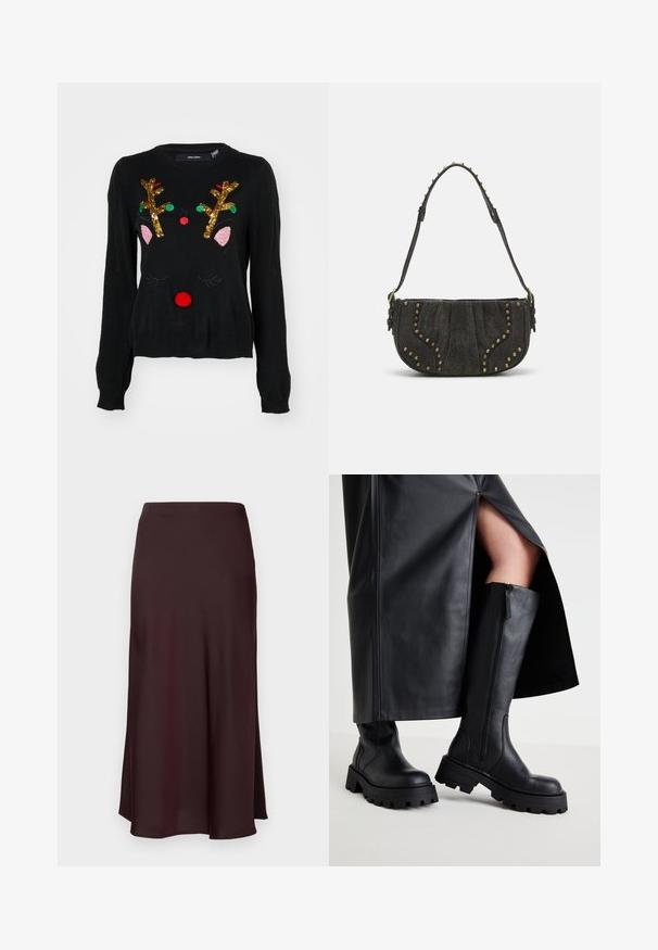 Mustaline, millel on põhjapõtrade kujundus, kullast pärlitega sarved, roosad kõrvad, punane pom-pom nina ning rohelised ja punased helmed.; Burgundia satiinist midi-seelik sujuva tekstuuriga, sirge lõikega ja veidi laieneva hemiga. Ei ole nähtavaid mustreid ega metallosi.; Mustad põlveks ulatuvad mustad saapad, millel on paks tald, sile nahk, külglaan ja minimalistlik disain, koos musta lõhiku ja seeliku kombinatsiooniga.; Must mustahjust kott, millel on kumer disain, kinnitusdetailide ja tekstureeritud pinnaga. Reguleeritav rihm, mille serval on nupud.; Kulla värvi nõelad, õhukesed ja ümmargused, millel on sile metallist pind ja ilma kaunistuste või mustriteta.