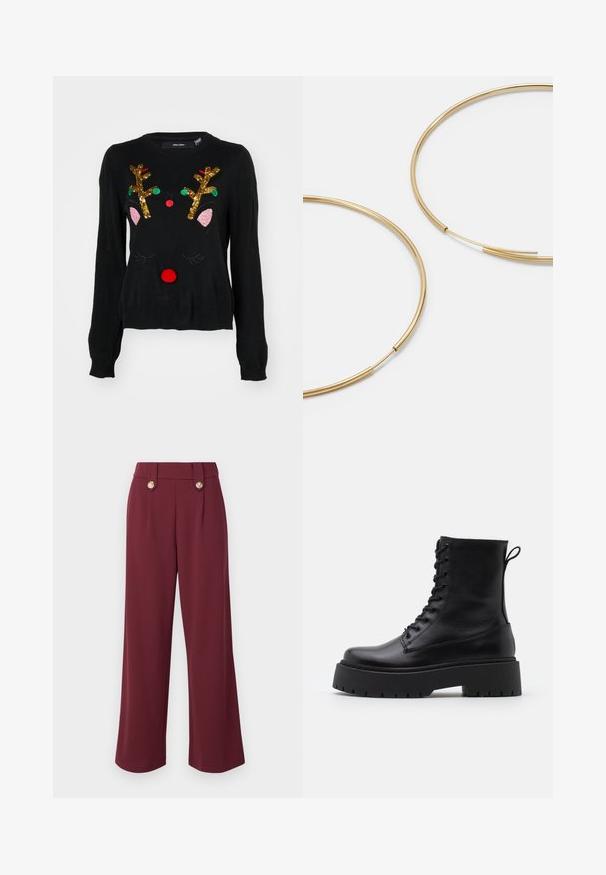 Juodas megztinis su elnio piešiniu, auksinėmis blizgučiais išsiuvinėtomis ragais, rožinėmis ausų detalėmis, raudonu pom-pomu nosimi ir žaliomis bei raudonomis karoliukų akcentais.; ONLY ONLSANIA TIE BUTTON PANT - Kelnės - burgundy; Juodos odinės aulinukės su apvalia nosimi, raišteliais priekyje ir storesniu guminio pado apačioje su tekstūruotu raštu. Priekyje yra kilputė.; Aukso spalvos žiedo auskarai, ploni ir apvalūs, su lygiu metaliniu paviršiumi be papuošimų ar raštų.