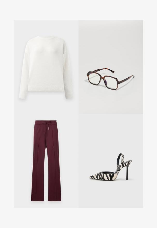 Maglione bianco a maniche lunghe con collo a giro, con polsini e orlo a coste, caratterizzato da una texture morbida e leggermente pelosa.; Pantaloni larghi bordeaux realizzati in tessuto morbido, con cintura a cordoncino e pieghe frontali. Orlo piatto e texture liscia.; Tacco slingback con punta affusolata in stampa zebras nera e crema, con un tacco alto sottile e design aperto sul retro con interno nero.; Occhiali da sole tartarugati con montatura quadrata, lenti trasparenti e tempie sottili con un delicato dettaglio del logo. Finitura opaca e lucida.; Anna Field LEATHER - Guanti - black