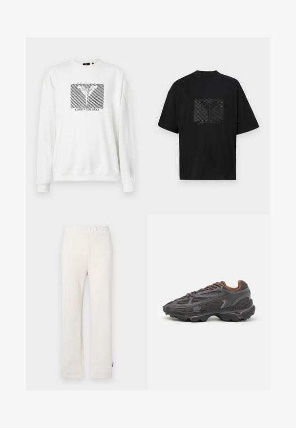 Sweatshirt branco com um gráfico de riscas pretas diagonais e um design floral, com o texto "CARLO COLUCCI" embaixo. Corte padrão.; T-shirt preta de algodão com um gráfico quadrado apresentando um 'Y' em padrão e o texto "CARLO COLUCCI" em preto. Mangas curtas e corte relaxado.; Calças de algodão bege, com um cós elástico e logótipo bordado. Design de perna reta, com uma textura suave e detalhes de costura subtis.; Ténis Lacoste em cinza-escuro com material em malha e sintético, apresentando uma sola texturizada e detalhes castanhos na gola e na marca.