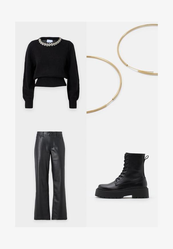 Zwarte cropped trui gemaakt van breiwerk, met lange mouwen en een decoratieve halslijn met kralen. Geribbelde manchetten en onderrand.; Zwarte leren broek met een uitlopende ontwerp, voorzien van echte zakken, riemlussen en een knoopsluiting. Gladde textuur met zichtbare stiksels.; Zwarte leren enkelboots met een ronde neus, vetersluiting aan de voorkant en een dikke rubberen zool met een gestructureerd profiel. Trekbandje aan de achterkant.; Gouden oorringen, dun en rond van vorm, met een gladde metallic afwerking en zonder versieringen of patronen.