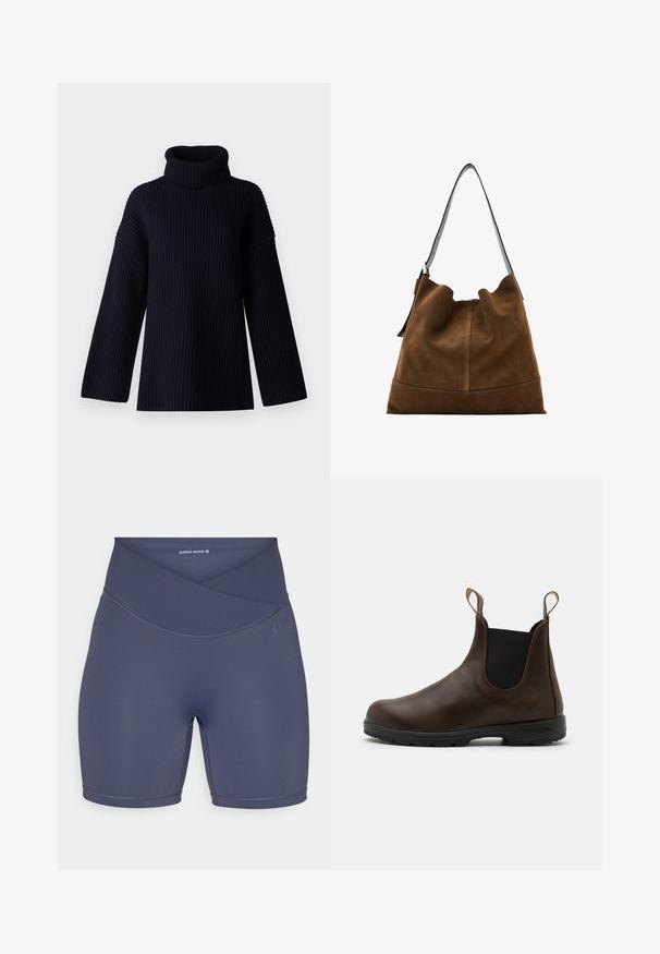 Jersey de cuello alto azul marino con textura acanalada, mangas anchas y un ajuste relajado. Material suave y diseño minimalista.; Pantalones cortos de talle alto en azul marino, hechos de un tejido elástico, con un diseño de cinturilla cruzada y costuras planas para mayor comodidad.; Botín de cuero marrón hasta el tobillo con paneles laterales elásticos, lengüetas y suela de goma texturizada. Presenta un diseño elegante con punta redonda.; Bolso tipo cubo de ante marrón con una correa de cuero negra, que presenta una silueta suave y costuras en la base.