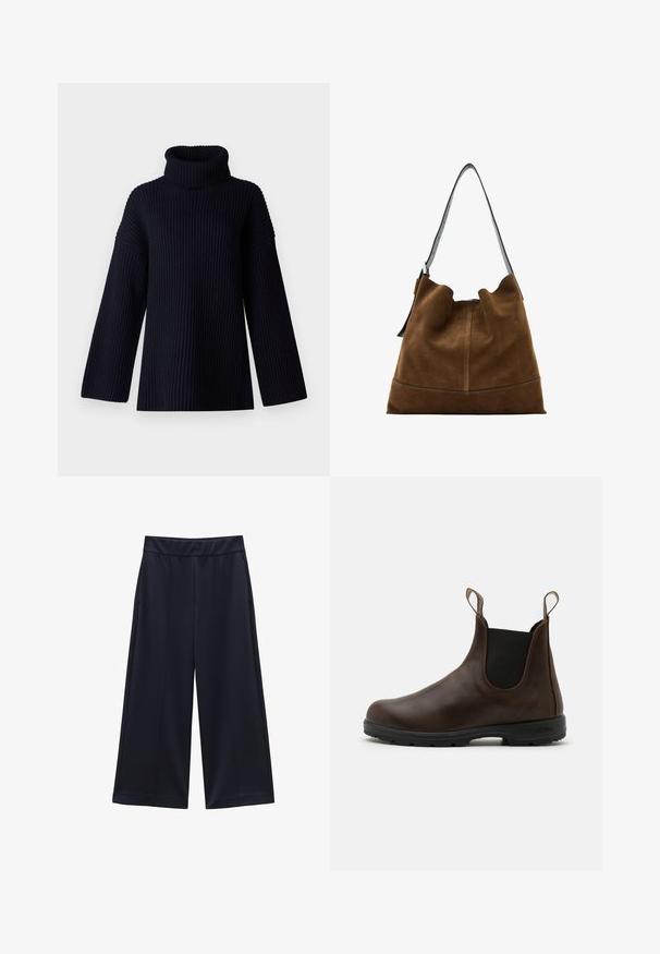 Dunkelblauer Rollkragensweater mit geripptem Material, weiten Ärmeln und lockerer Passform. Weiches Material und minimalistisches Design.; Marineblaue weite Hosen aus einem glatten Stoff, mit einem elastischen Bund und seitlichen Taschen für Komfort und Bequemlichkeit.; Braune Leder-Ankle Boots mit elastischen Seitenpaneelen, Zuglaschen und strukturierter Gummisohle. Sie verfügen über ein schlankes, rundes Zehendesign.; Braune Wildleder-Eimerhandtasche mit einem schwarzen Ledertrageriemen, die eine weiche Silhouette und Nahtdetails am Boden aufweist.