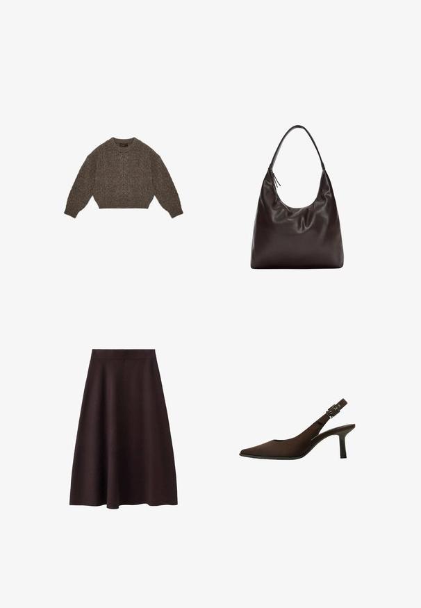 Brauner Strickpullover mit einem cropped Design, Zopfmuster und gerippten Bündchen. Verfügt über einen runden Ausschnitt und eine weiche Textur.; Dunkelbrauner, knielanger A-Linien-Rock mit glatter Textur und einem enganliegenden Taillenbund. Keine sichtbaren Muster oder Verzierungen. Schlichtes Design.; Braun Wildleder Slingback-Pumps mit spitzem Zeh, schlankem Design, dünnem Absatz und einer Schnallenakzent auf dem Knöchelriemen.; Braune Leder-Schultertasche mit einem weichen, lässigen Design. Die Tasche verfügt über einen breiten Riemen und eine minimalistische Form, die durch eine subtile Textur ergänzt wird.