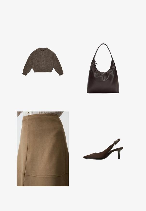 Brauner Strickpullover mit einem cropped Design, Zopfmuster und gerippten Bündchen. Verfügt über einen runden Ausschnitt und eine weiche Textur.; Brauner Wildlederrock mit glatter Textur und sichtbaren Nahtdetails, ausgestattet mit einer hohen Taille und A-Linien-Design.; Braun Wildleder Slingback-Pumps mit spitzem Zeh, schlankem Design, dünnem Absatz und einer Schnallenakzent auf dem Knöchelriemen.; Braune Leder-Schultertasche mit einem weichen, lässigen Design. Die Tasche verfügt über einen breiten Riemen und eine minimalistische Form, die durch eine subtile Textur ergänzt wird.