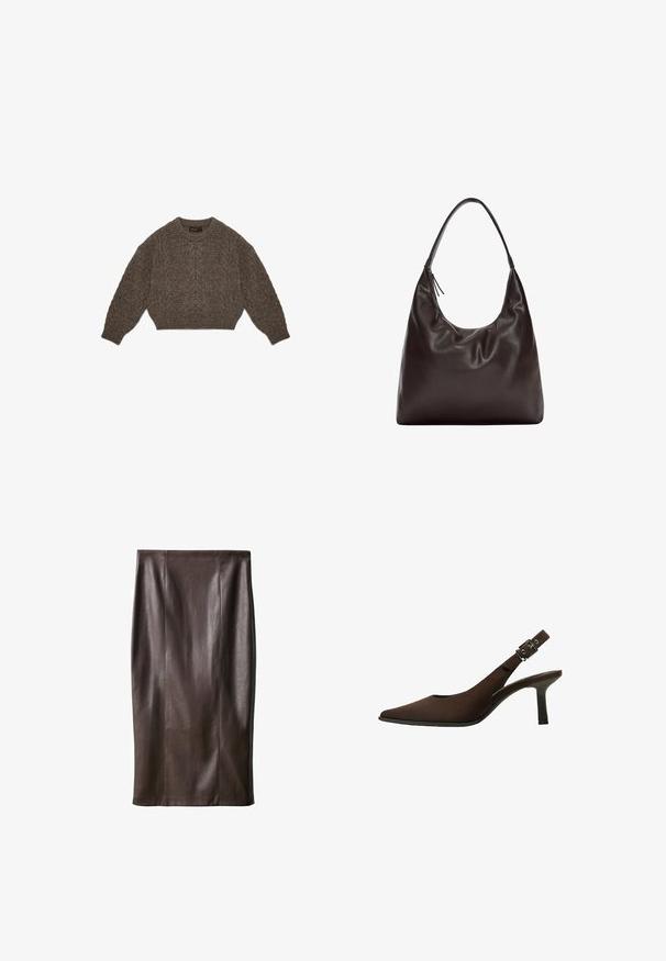 Brauner Strickpullover mit einem cropped Design, Zopfmuster und gerippten Bündchen. Verfügt über einen runden Ausschnitt und eine weiche Textur.; Brauner Leder-Bleistiftrock mit glatter Textur, knielang, mit vertikalen Nähten zur Gestaltung. Keine zusätzlichen Beschläge oder Akzente.; Braun Wildleder Slingback-Pumps mit spitzem Zeh, schlankem Design, dünnem Absatz und einer Schnallenakzent auf dem Knöchelriemen.; Braune Leder-Schultertasche mit einem weichen, lässigen Design. Die Tasche verfügt über einen breiten Riemen und eine minimalistische Form, die durch eine subtile Textur ergänzt wird.