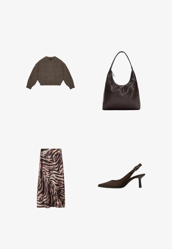 Brauner Strickpullover mit einem cropped Design, Zopfmuster und gerippten Bündchen. Verfügt über einen runden Ausschnitt und eine weiche Textur.; Lange Röcke aus einem transparenten, leichten Stoff mit einem schwarz-braunen Zebra-Streifenmuster. Gerader Schnitt mit einer A-Linie Silhouette.; Braun Wildleder Slingback-Pumps mit spitzem Zeh, schlankem Design, dünnem Absatz und einer Schnallenakzent auf dem Knöchelriemen.; Braune Leder-Schultertasche mit einem weichen, lässigen Design. Die Tasche verfügt über einen breiten Riemen und eine minimalistische Form, die durch eine subtile Textur ergänzt wird.