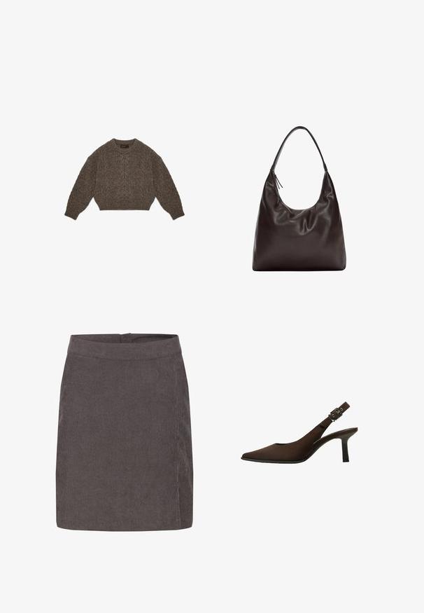 Brown knitted sweater with a cropped design, cable pattern, and ribbed cuffs. Features a round neckline and soft texture.; Kaffe VERA - A-line skirt - major brown c; Brown suede slingback pump with a pointed toe, sleek design, thin heel, and a buckle accent on the ankle strap.; Brown leather shoulder bag with a soft, slouchy design. The bag features a wide strap and minimalistic shape, complemented by subtle texture.