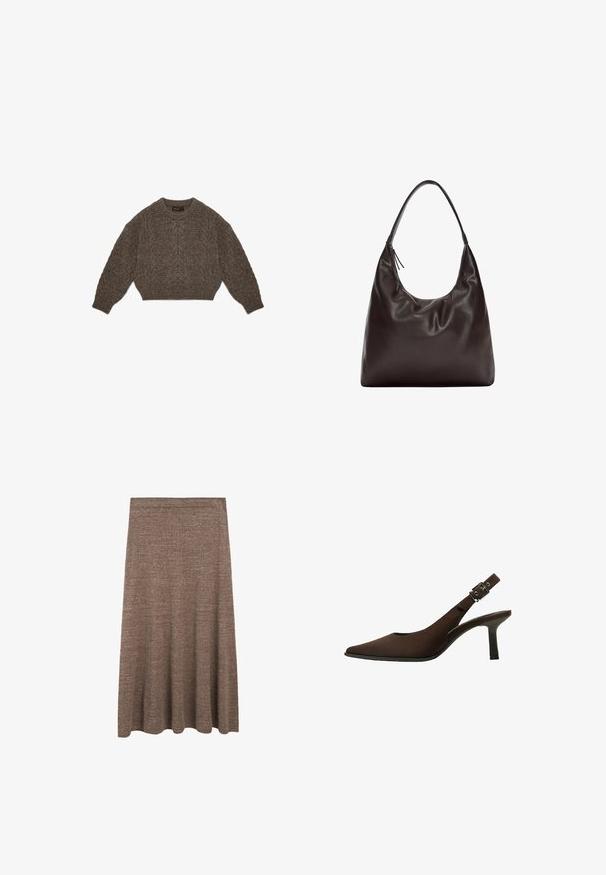 Pull en maille marron avec un design court, motif de câble et poignets côtelés. Présente un col rond et une texture douce.; Jupe midi en tricot marron avec une silhouette évasée, dotée d'une taille élastique lisse et d'une texture subtile tout au long.; Escarpin slingback en daim marron avec un bout pointu, un design épuré, un talon fin et un accent de boucle sur la bride de cheville.; Sac à épaule en cuir marron au design souple et décontracté. Le sac dispose d'une large bandoulière et d'une forme minimaliste, agrémentée d'une texture subtile.