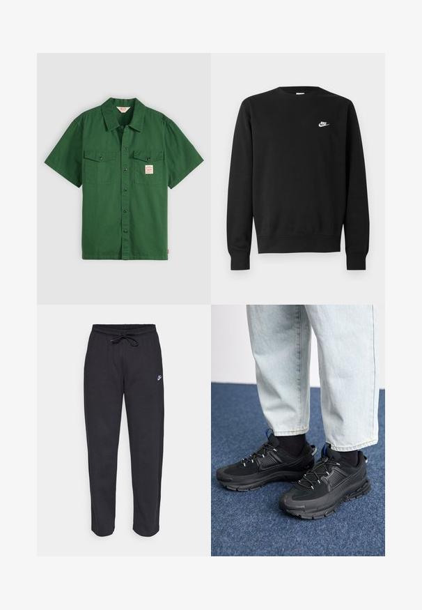 Fekete, pamutból készült pulóver kerek nyakkal, hosszú ujjakkal és a bal felső mellrészen egy kis fehér Nike logóval.; Rövid ujjú zöld pamut ing gombos elől, két mellzsebbel és egy kis címkével a bal zsebben. Egyszerű, mintázat nélküli.; Fekete, puha anyagból készült melegítőnadrág, rugalmas derékkal, húzózsinórral és egy kis Nike logóval a bal combján.; Fekete sportcipők texturált anyaggal és gumitalppal, elasztikus fűzőkkel és kék kiegészítővel a saroknál. Világos farmernadrággal viselve.